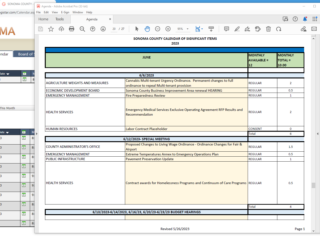 Calendar of significant items example