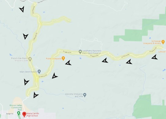 Map of upper Mark West Springs area evacuation routes