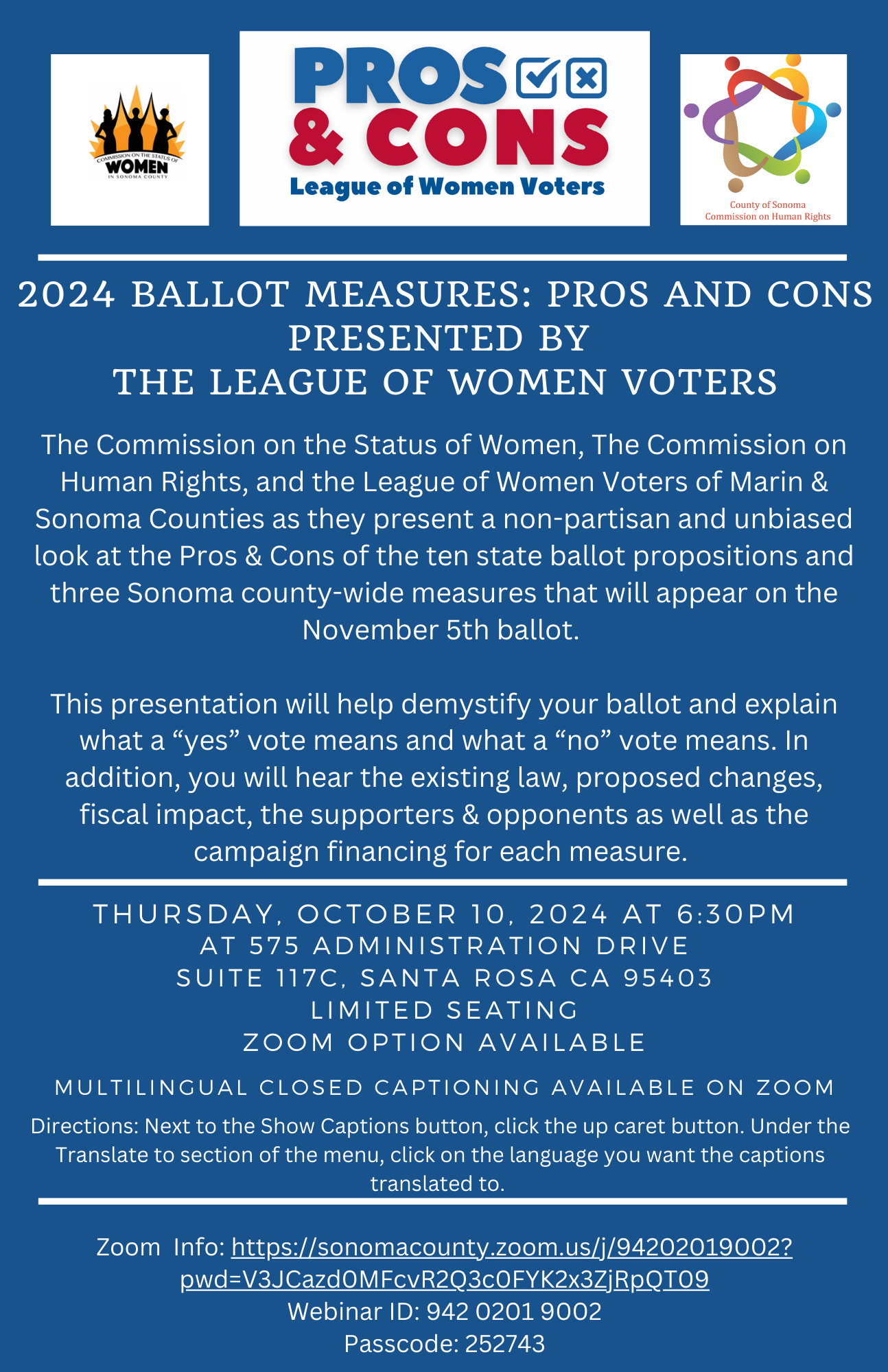 League of Women Voter Presentation on October10, 2024 at 6:30pm on Zoom 