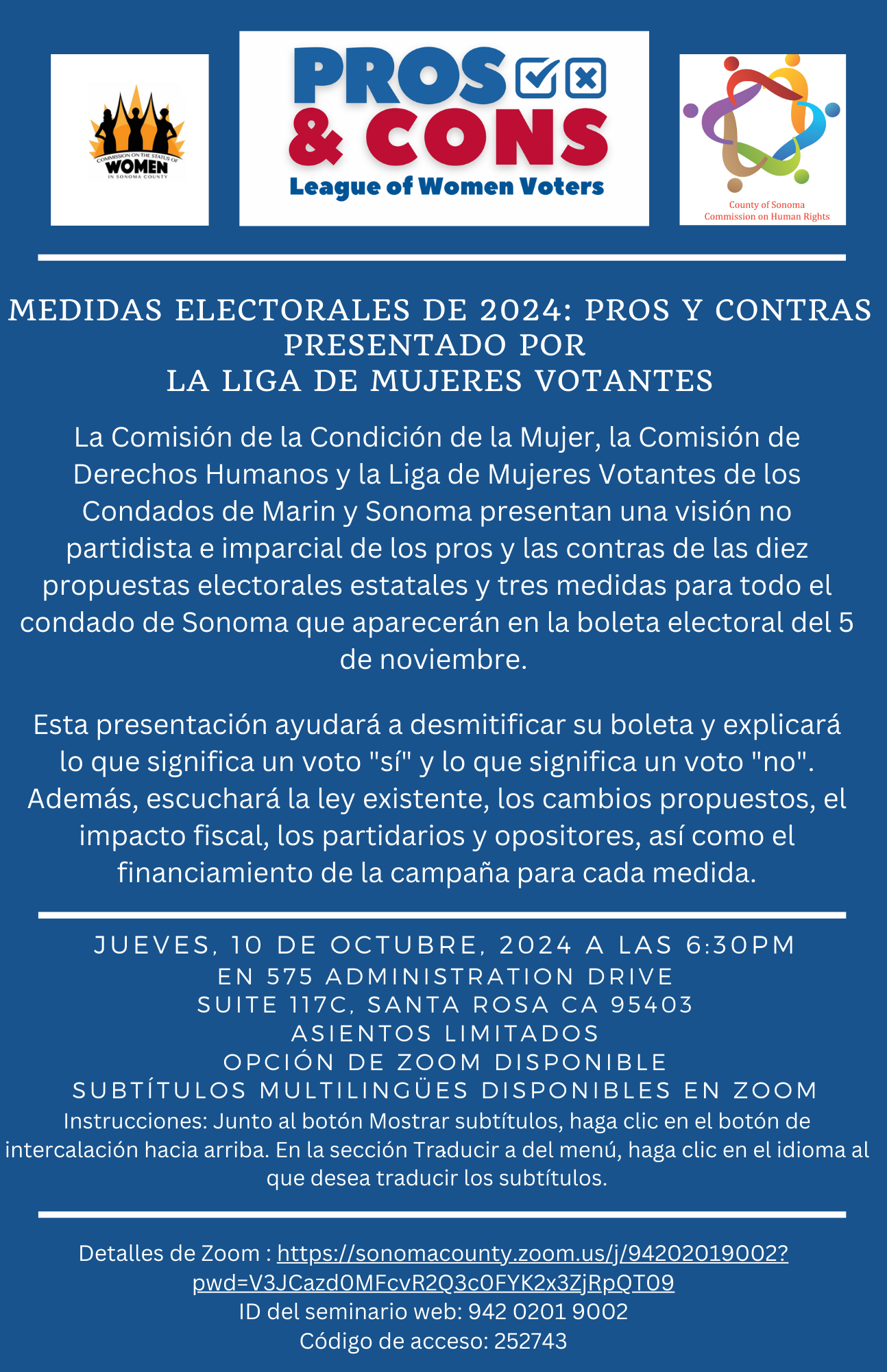 La Presentación de League of Women Voters el 10 de octubre a las 6:30pm