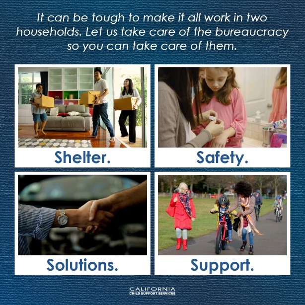 Graphic with images of families and text that reads: “It can be tough to make it all work in two households. Let us take care of the bureaucracy so you can take care of them. Shelter. Safety. Solutions. Support.”