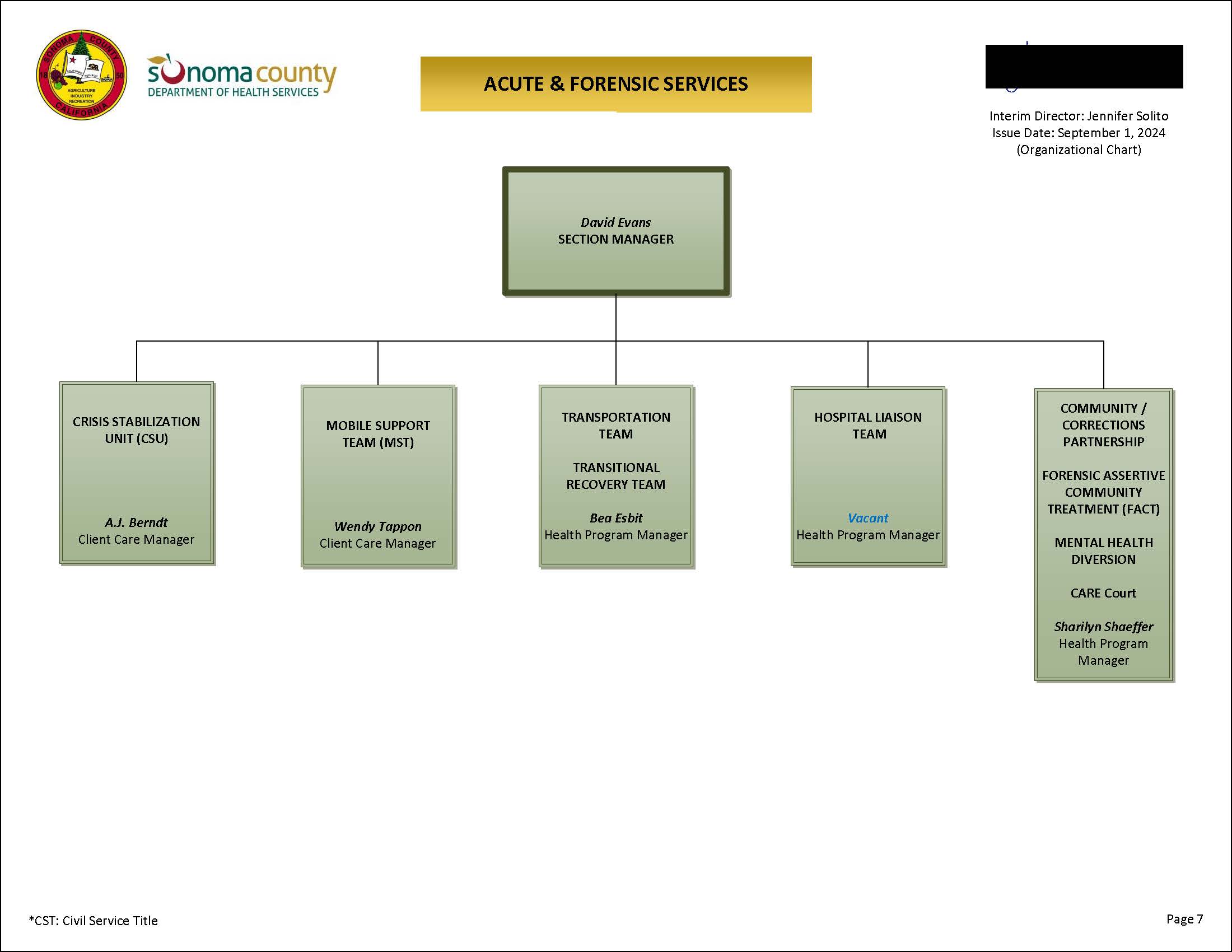 Acute & Forensic Services Organizational Chart